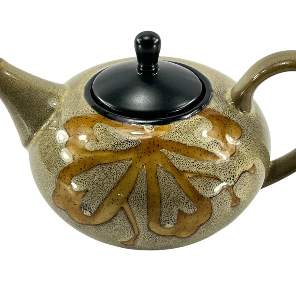 Pier 1 Kioko Teapot Hand Painted Stoneware Speckled Body Yellow Flower 2007